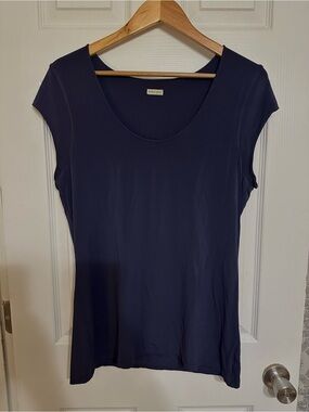 Annette Görtz Navy Scoop Cap Sleeve Top XL Lagenlook Minimalist Quiet Luxury